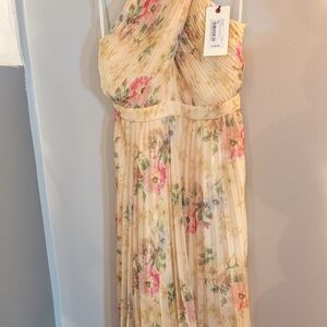 Wander Cream Floral Pleated Midi Dress with Pink and Green Accents